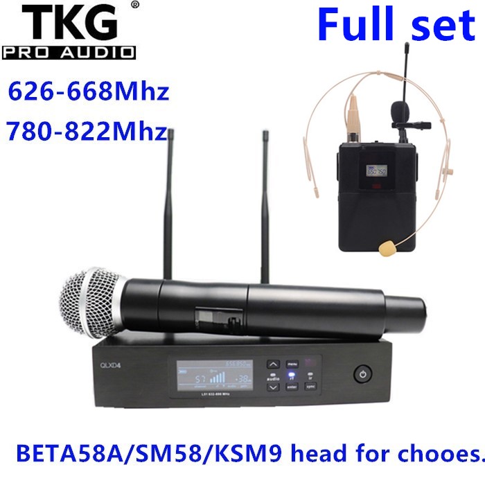 TKG QLXD4/BETA58A/SM58/ KSM9  full set headset head lavalier lapel handhold UHF outdoor professional wireless microphone